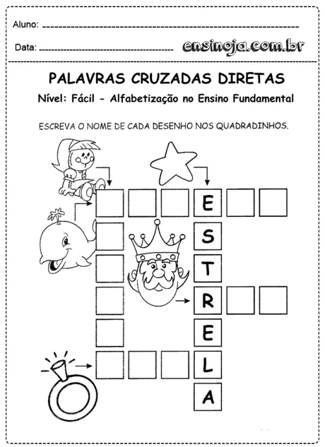 Atividade de palavras cruzadas com desenhos para alfabetização.