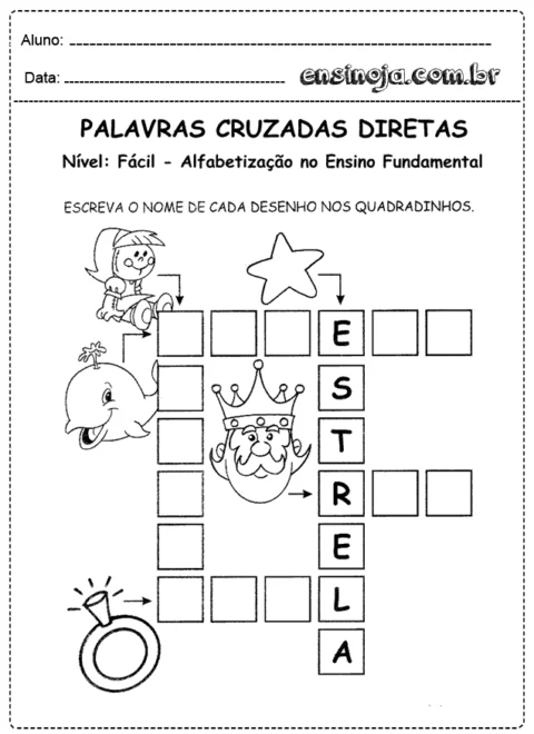 Atividade de palavras cruzadas com desenhos para alfabetização.