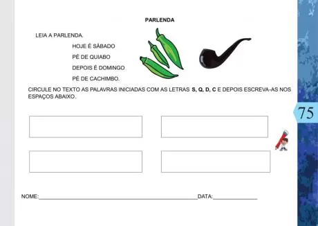 Atividade de leitura com ilustrações de pé de quiabo e cachimbo.