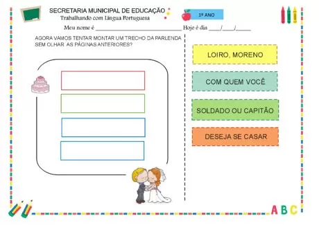 Atividade de Língua Portuguesa para o 1º ano com espaço para completar frases.