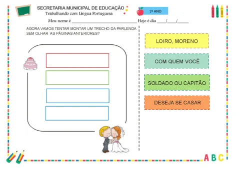 Atividade de Língua Portuguesa para o 1º ano com espaço para completar frases.