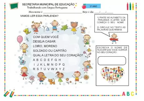 Atividade de paródia para crianças do 1º ano com ilustrações coloridas.