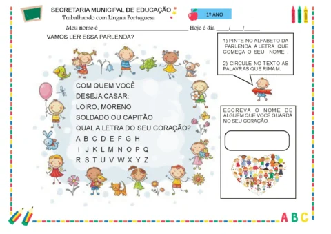 Atividade de paródia para crianças do 1º ano com ilustrações coloridas.