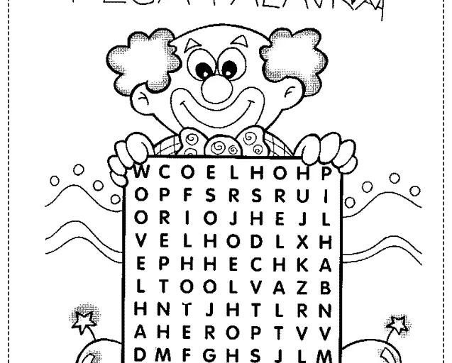 Atividade de pega-palavras com um palhaço e palavras para encontrar.