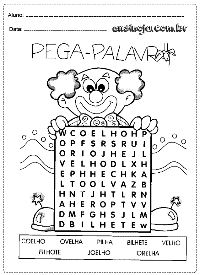Atividade de pega-palavras com um palhaço e palavras para encontrar.