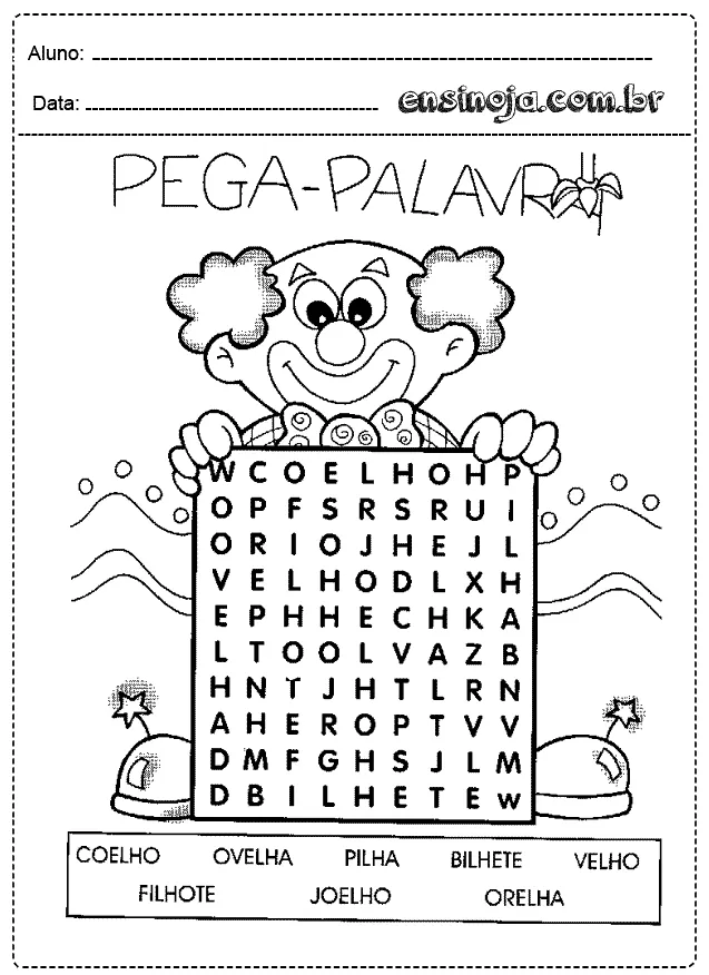 Atividade de pega-palavras com um palhaço e palavras para encontrar.