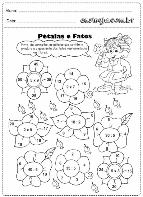 Atividade de matemática com flores e operações de multiplicação e divisão.