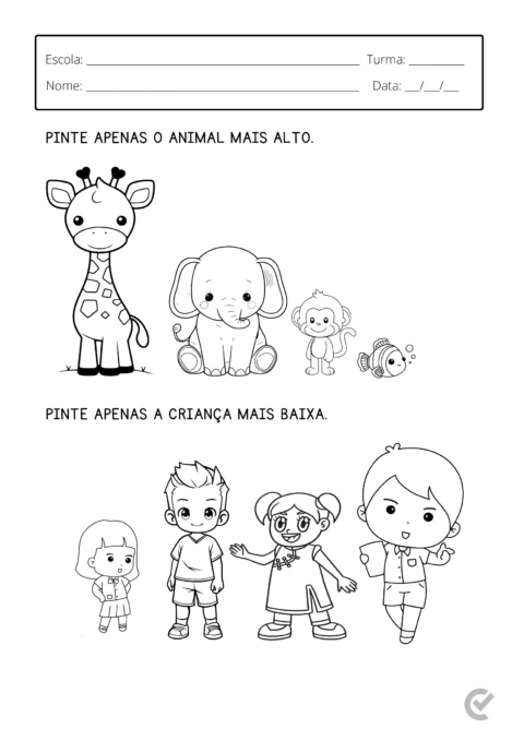 Desenho para colorir com uma girafa, um elefante, um macaco e um peixe, além de crianças em diferentes alturas.