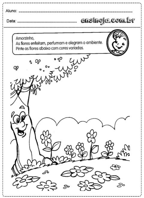 Desenho para colorir de flores e uma árvore com um personagem sorridente.