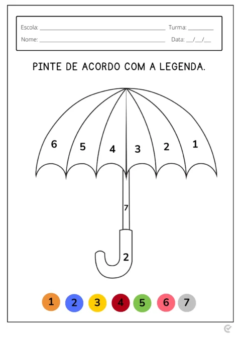 Desenho de um guarda-chuva para colorir, com números indicando as cores a serem usadas.