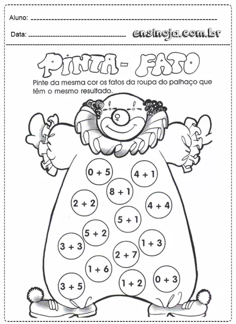 Atividade de pintura com um palhaço e operações matemáticas.