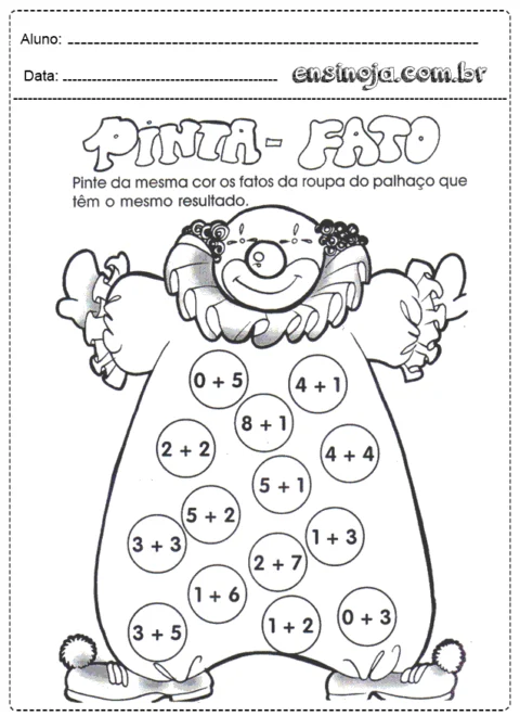Atividade de pintura com um palhaço e operações matemáticas.