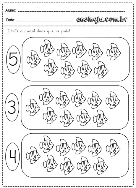 Atividade de pintura com peixes e números para crianças.