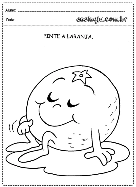 Desenho de uma laranja sorridente sentada em uma poça, com a instrução para pintar.