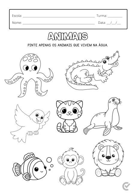 Desenho em preto e branco de animais, incluindo um polvo, crocodilo, gato, foca, peixe, macaco e leão, com instruções para pintar apenas os animais que vivem na água.
