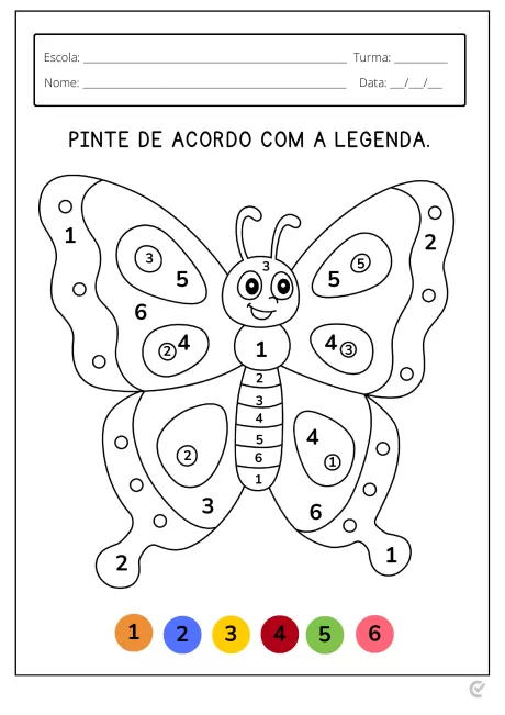 Desenho de uma borboleta para colorir, com números e legendas para guiar as cores.