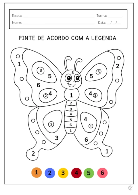 Desenho de uma borboleta para colorir, com números e legendas para guiar as cores.