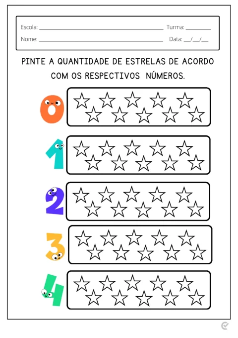 Atividade educacional para crianças onde devem pintar estrelas de acordo com os números indicados.