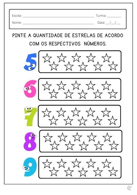 Atividade educativa para pintar estrelas de acordo com os números 5, 6, 7, 8 e 9.