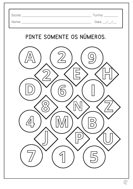 Folha de atividade com letras e números para pintar.
