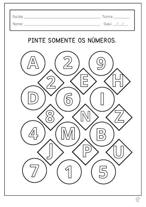 Folha de atividade com letras e números para pintar.