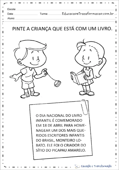 Desenho de duas crianças, uma segurando um livro e outra brincando com um pião.