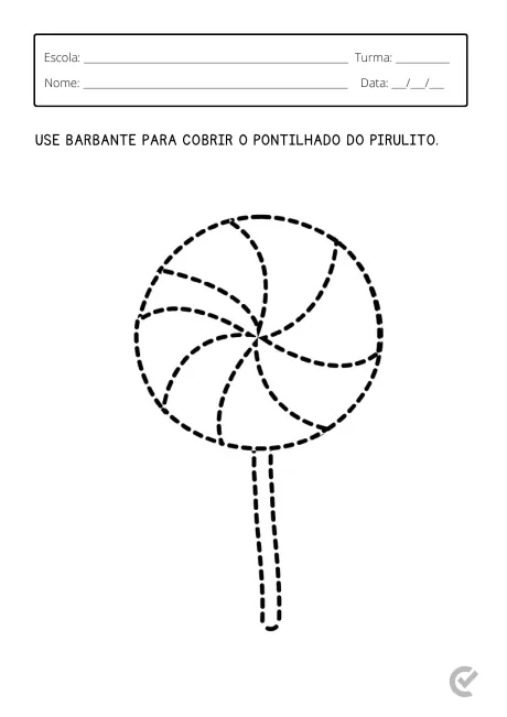 Desenho de um pirulito com contornos pontilhados para colorir.