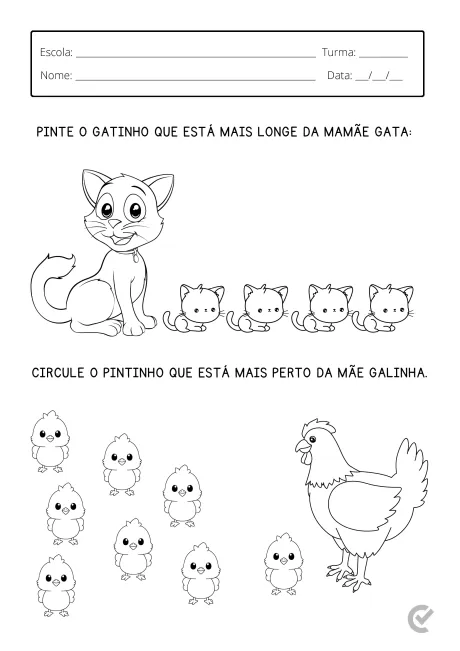 Atividade educacional com um gato e pintinhos para colorir e circular.