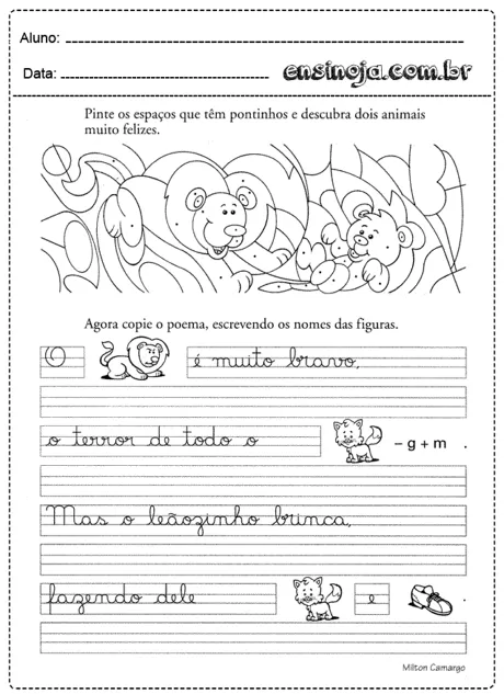 Atividade de pintura e escrita com animais felizes.