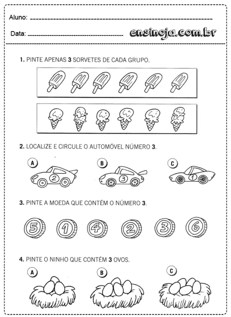 Atividade de educação infantil com desenhos de sorvetes, automóveis e ninhos com ovos.