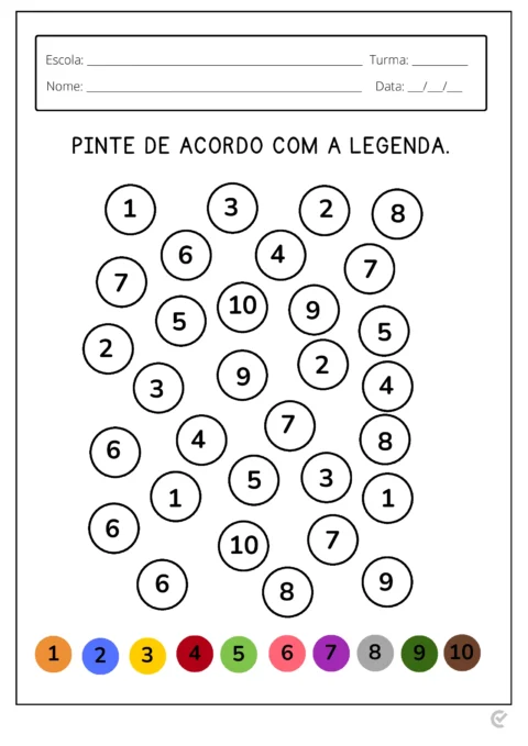 Folha de atividade com círculos numerados para pintar de acordo com a legenda.