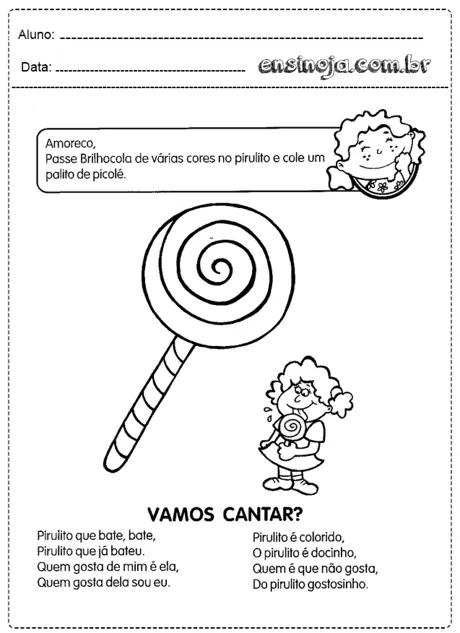 Atividade de colagem e canto com pirulito e criança.