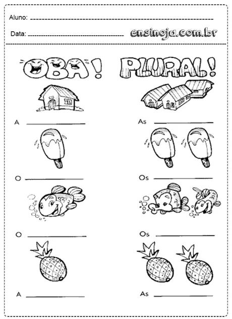 Atividade de plural com desenhos de casa, picolé, peixe e abacaxi.