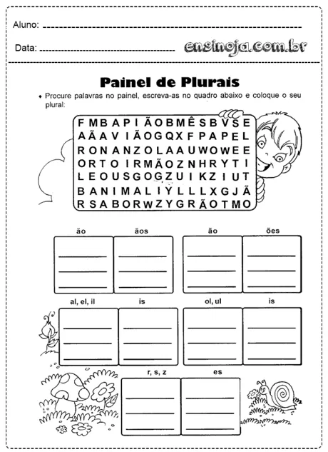 Atividade de plural com palavras para serem encontradas em um painel.
