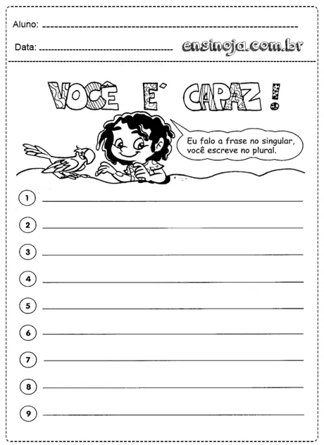 Atividade de escrita sobre plural e singular com ilustração de uma criança e um pássaro.