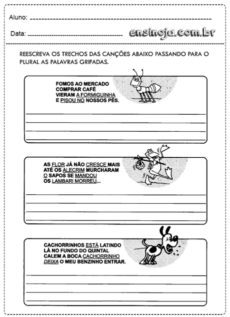 Atividade de reescrita de canções para o plural.
