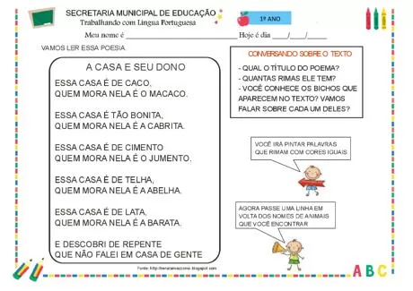 Atividade de leitura de poesia para crianças do 1º ano do ensino fundamental.