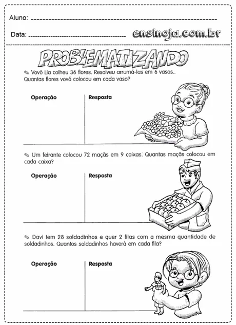 Atividade de resolução de problemas matemáticos com ilustrações de crianças e objetos.