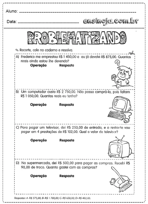 Atividade de matemática com problemas de adição e subtração.