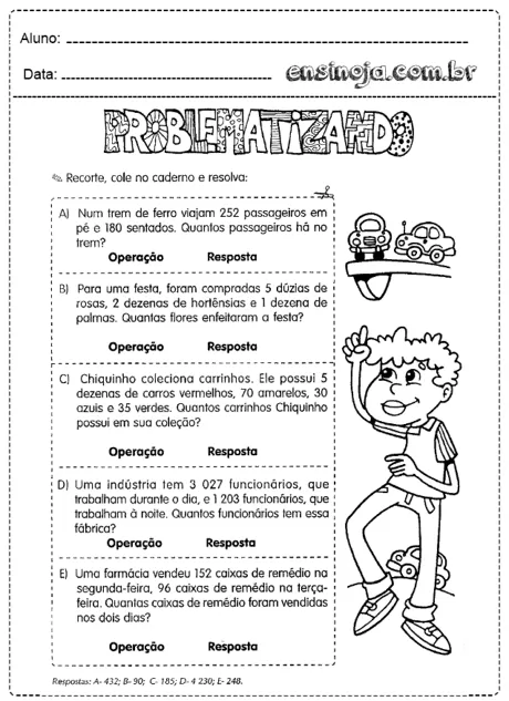 Atividade de matemática com problemas para resolver.