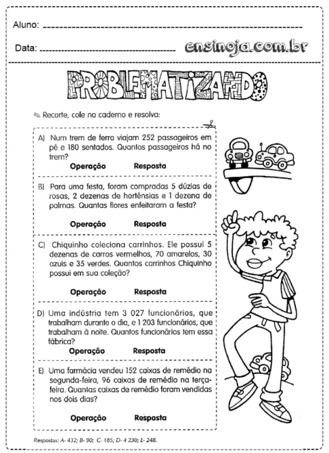 Atividade de matemática com problemas para resolver.