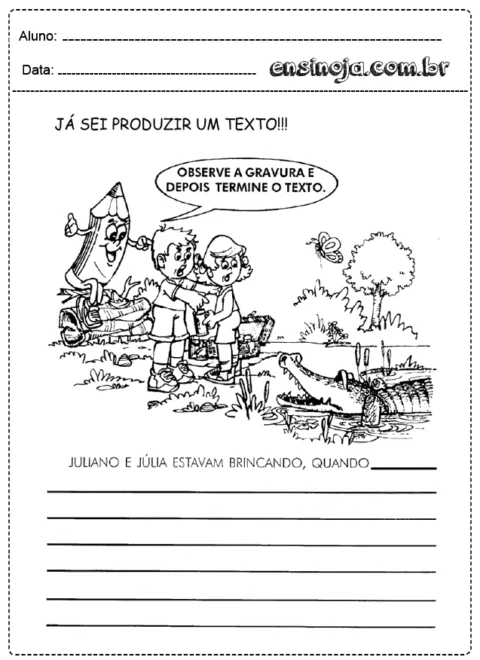 Atividade de produção de texto com crianças brincando e um crocodilo ao fundo.