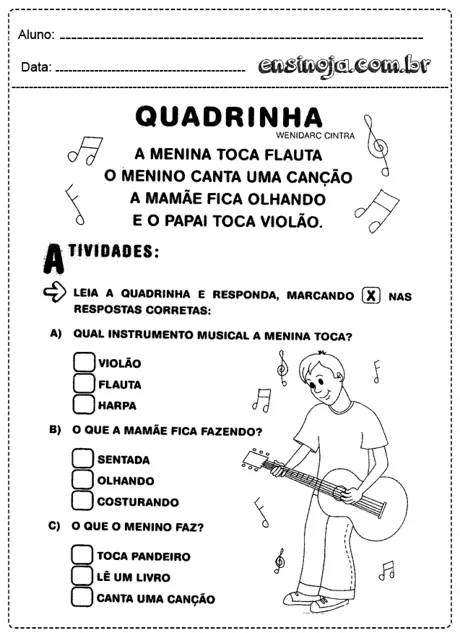 Atividade de leitura com quadrinha sobre instrumentos musicais.