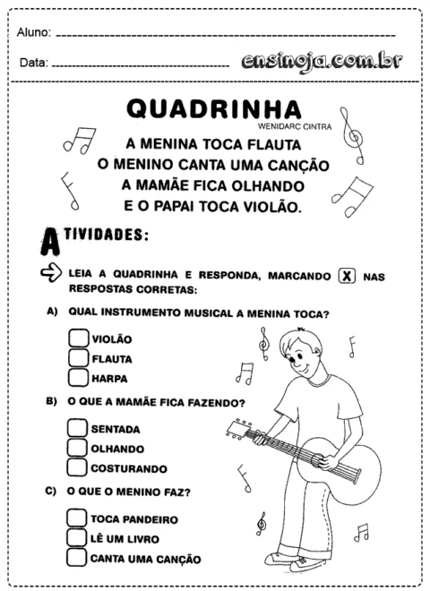 Atividade de leitura com quadrinha sobre instrumentos musicais.