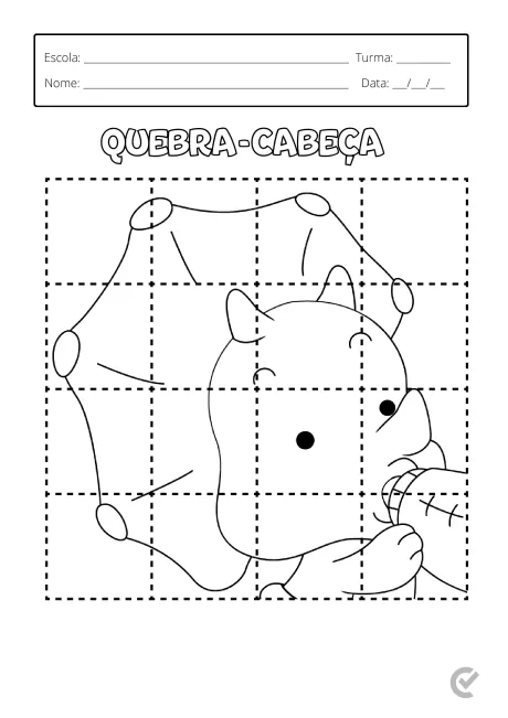 Desenho de um animal segurando um objeto, dividido em quadrados para montagem.