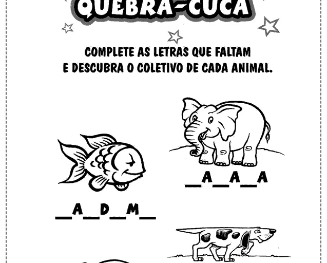 Atividade de quebra-cabeça com animais e espaços para completar letras.