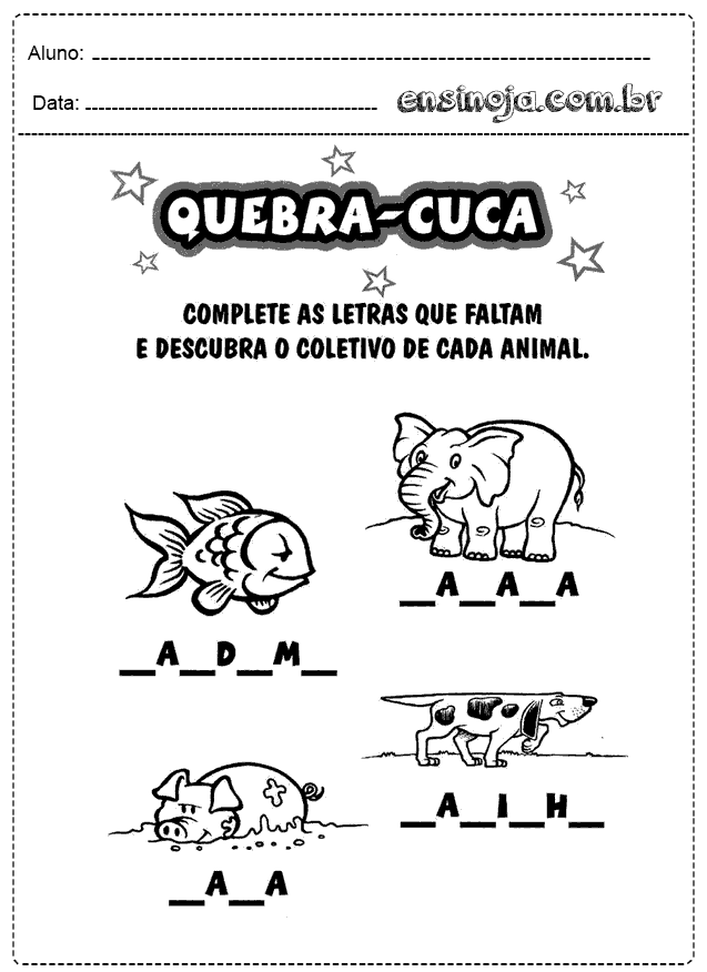 Atividade de quebra-cabeça com animais e espaços para completar letras.