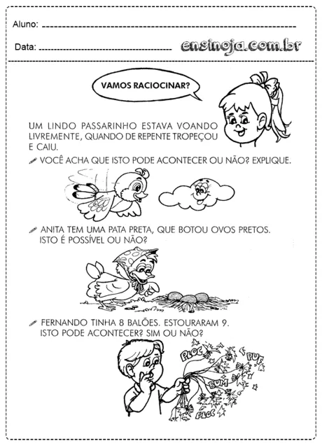 Atividade de raciocínio lógico com ilustrações de um passarinho, uma pata e um menino com balões.