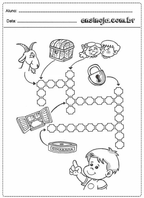 Atividade educativa com ilustrações de uma cabra, um baú, crianças, um cadeado, um doce de goiabada e um menino.