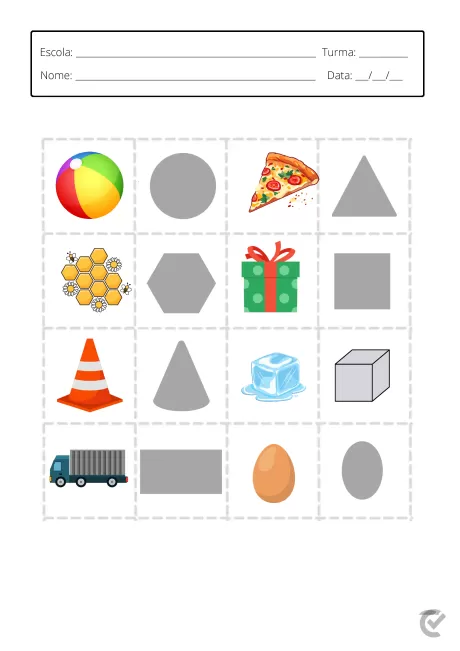 Imagem de uma atividade educacional com formas geométricas e objetos diversos.